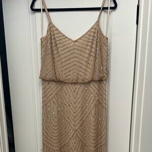 Adrianna Papell Art Deco Bleaded Blouson Gown in Champagne Gold